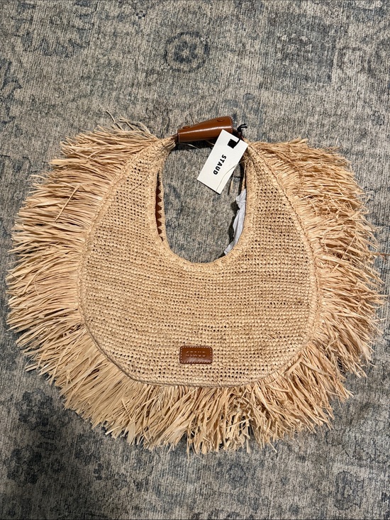 STAUD Handbags - STAUD Natural Raffia Fringe Moon Tote Large with Brown Handle